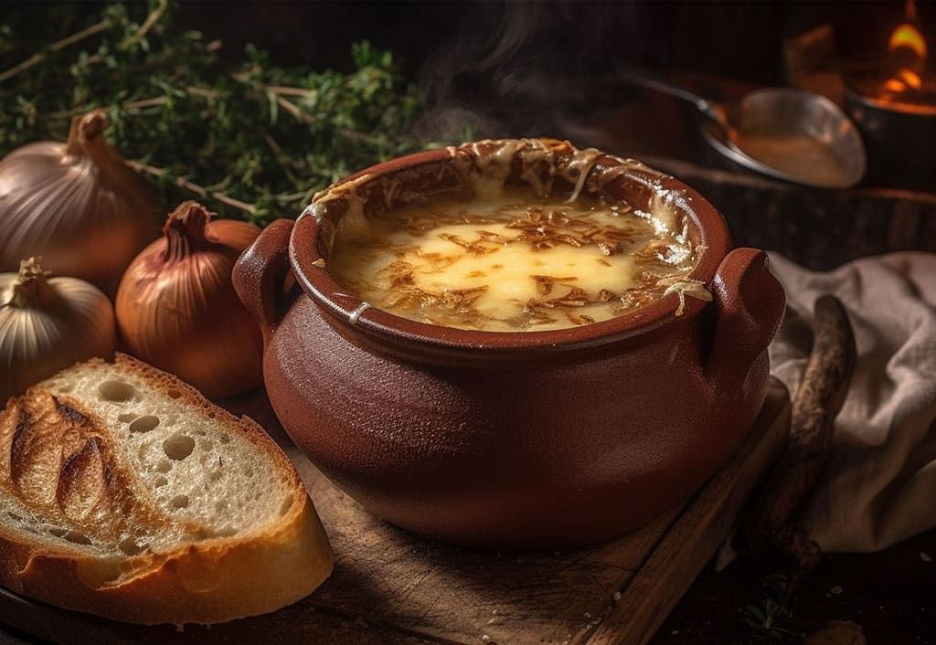 Classic French Onion Soup with Cheesy Baguette