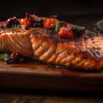Cedar Plank Grilled Salmon with Charred Garlic & Tomato Relish
