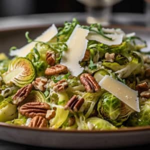 Shaved Brussels Sprouts Salad with Pecans, Pecorino Romano Cheese, & Balsamic Dressing