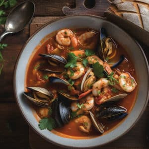 Cioppino - the signature dish of San Francisco! Our version of this great Fish Stew is made with fresh Clams, Mussels, Crab, White Fish and Prawns