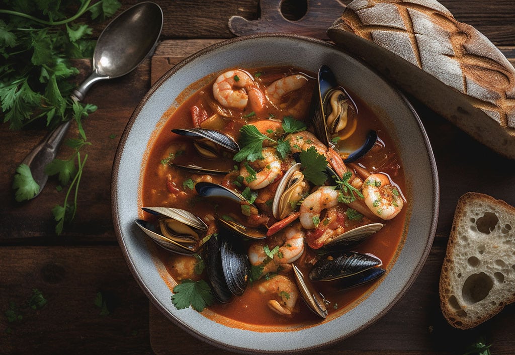 Cioppino - the signature dish of San Francisco! Our version of this great Fish Stew is made with fresh Clams, Mussels, Crab, White Fish and Prawns