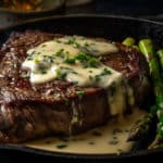 Cast Iron Caramelized Rib Eye Steak with Homemade Béarnaise Sauce served with Grilled Fresh Asparagus