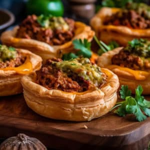 Cheesy Mexican Chorizo Puff Pastry Tarts with Creamy Salsa Verde