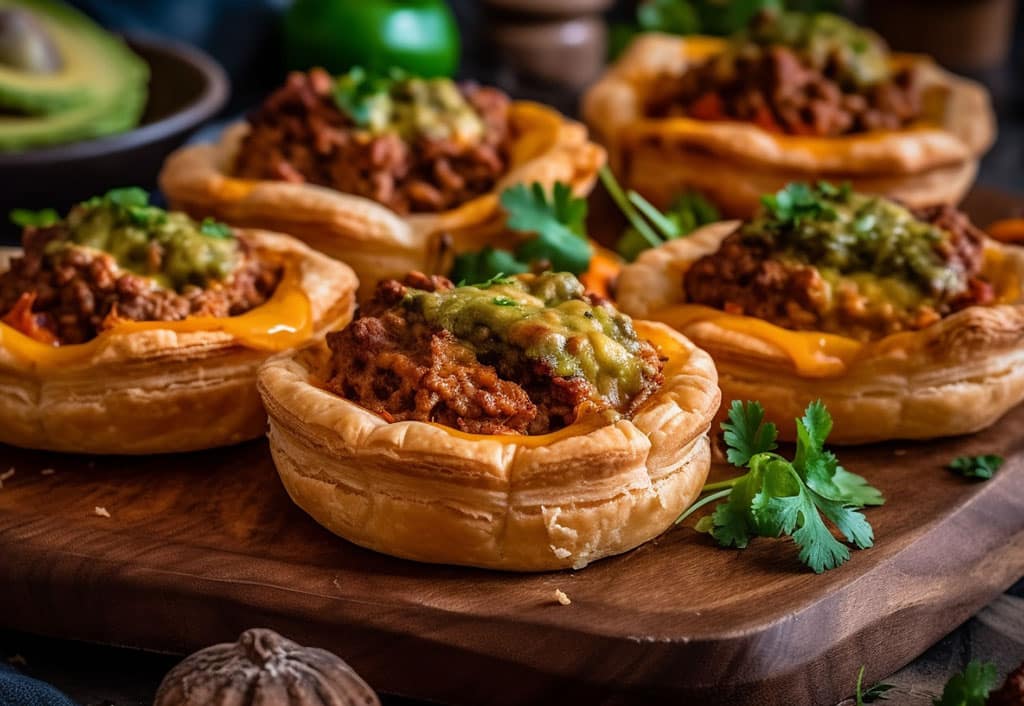 Cheesy Mexican Chorizo Puff Pastry Tarts with Creamy Salsa Verde