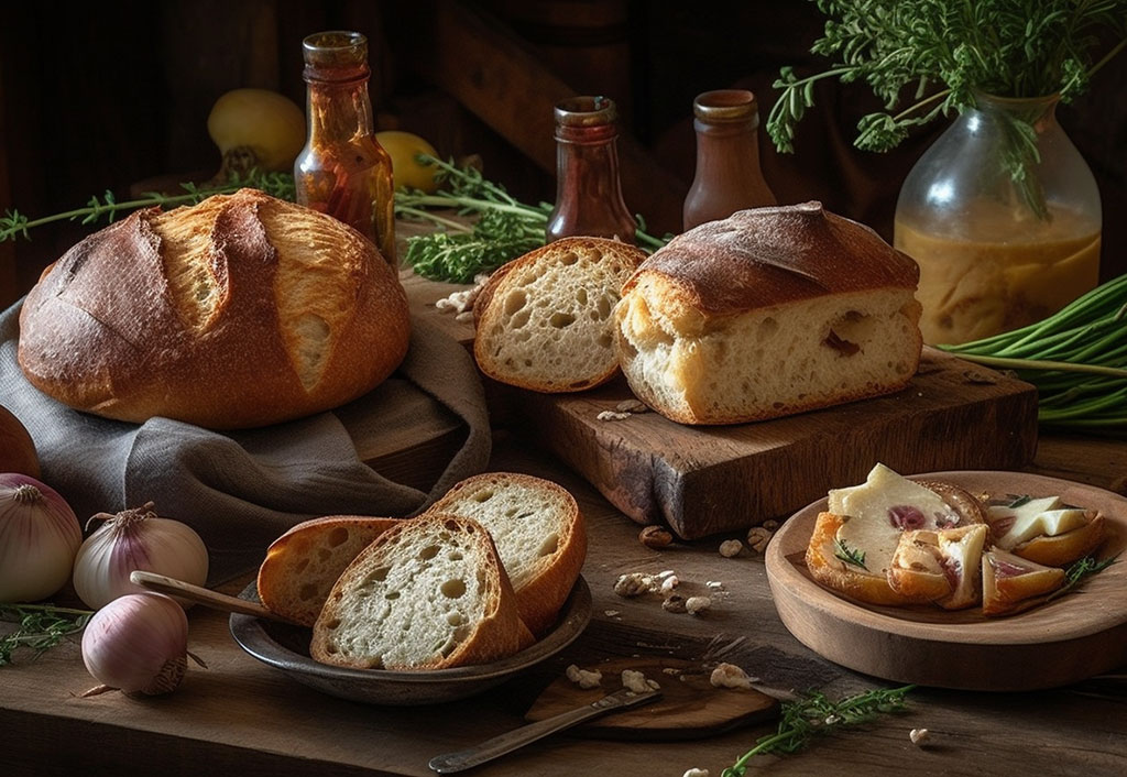sample of different breads, Moroccan Flatbreads; Dilly Onion Bread; Gruyère Cheese Bread with Bacon; Multigrain Soda Bread; Popovers; English Muffins, and Easy Sandwich Bread