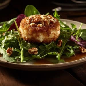 Salad of Warm Walnut Crusted Goat Cheese on Baby Greens with Shallot Vinaigrette