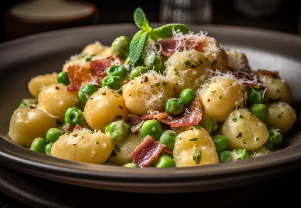 Potato Gnocchi with Prosciutto and Peas in Cream Sauce