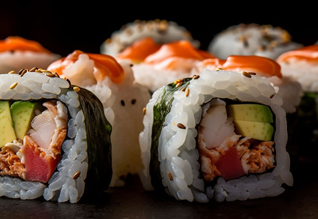 California Sushi Roll with Shrimp, Avocado, & Wasabi; Spicy Tuna, Avocado, Cucumber, & Black Sesame Inside-out Roll