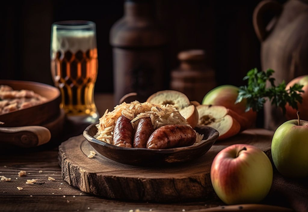 Bavarian Sausages with Bacon and Apple Sauerkraut