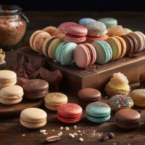 Delectable assortment of gourmet macarons, Snickerdoodle with Cinnamon-Sugar Buttercream; Chocolate with toasted Coconut Buttercream; Strawberry Cheesecake; Vanilla Bean with White Chocolate Lime Ganache, and Tiramisu