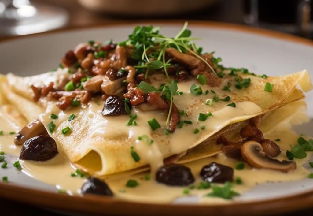 Crepes with Savory Mushroom and Bacon Filling & Bechamel Sauce