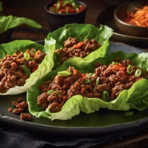 Korean Sizzling Beef Lettuce Wraps (Ground Beef and Pickled Cucumber Lettuce Wraps seasoned with Brown Sugar, Garlic, Soy Sauce, and Sesame Oil. Served with Sriracha Mayo