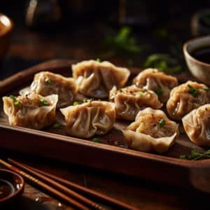Potstickers, Pan-Steamed Wonton Wrappers filled with Cabbage, Ground Pork, Soy Sauce, Ginger, Scallions, & Garlic with a Soy Dipping Sauce