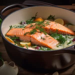 Salmon en Cocotte, Slow Cooked Side of Salmon with Leeks, White Wine, & Herbs