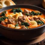 A bowl of creamy tomato soup with Italian sausage, kale, and tortellini sits invitingly on a rustic wooden table