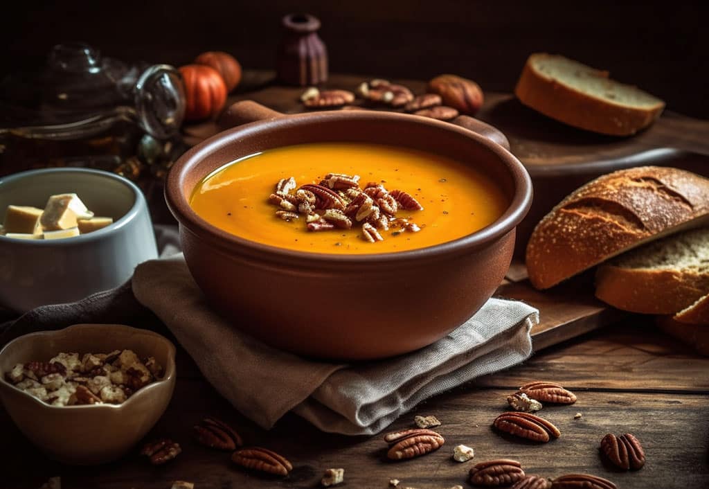 A comforting bowl of sweet potato soup sits on a rustic wooden table, on its surface are buttered pecans