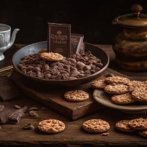 A decadent array of English chocolate crisps lay invitingly on a rustic wooden board