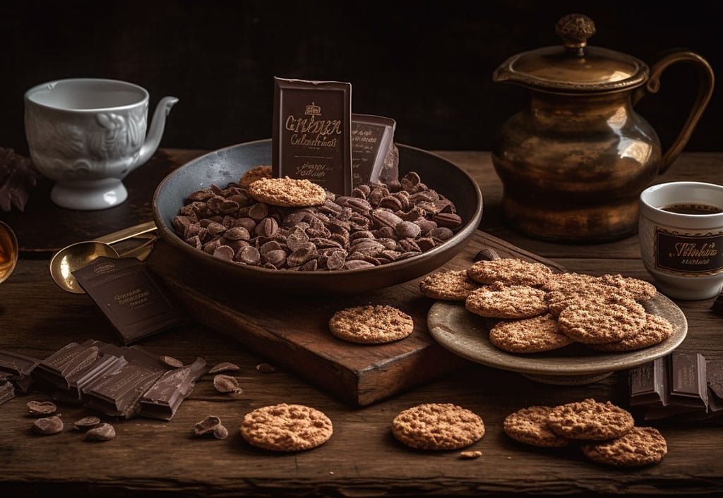 A decadent array of English chocolate crisps lay invitingly on a rustic wooden board