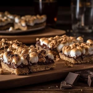 A delectable array of S'Mores Bars is artfully arranged on a rustic wooden cutting board.