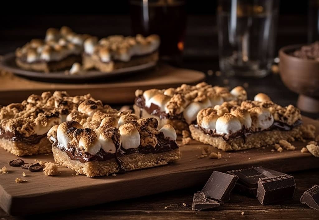 A delectable array of S'Mores Bars is artfully arranged on a rustic wooden cutting board.