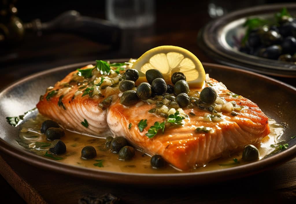 A delectable plate of Salmon Piccata sits on a rustic wooden table