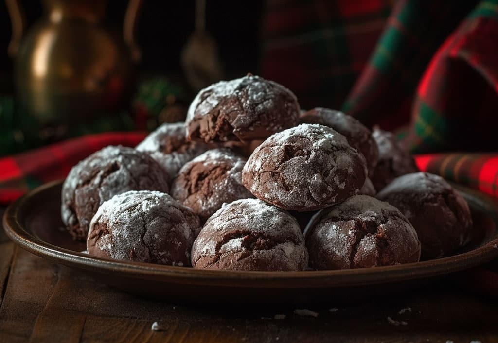 A festive arrangement of Chocolate Snowball cookies, reminiscent of winter’s first snow