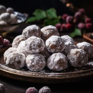 A festive platter adorned with Bourbon Ball cookies, each a perfect sphere of rich, boozy delight, dusted with fine white powdered sugar, reminiscent of freshly fallen snow