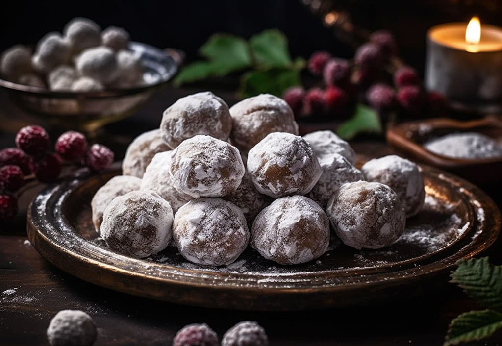 A festive platter adorned with Bourbon Ball cookies, each a perfect sphere of rich, boozy delight, dusted with fine white powdered sugar, reminiscent of freshly fallen snow
