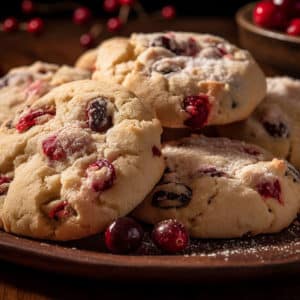 A festive spread of Christmas Holiday cookies, specifically Brandied Cranberry Drops