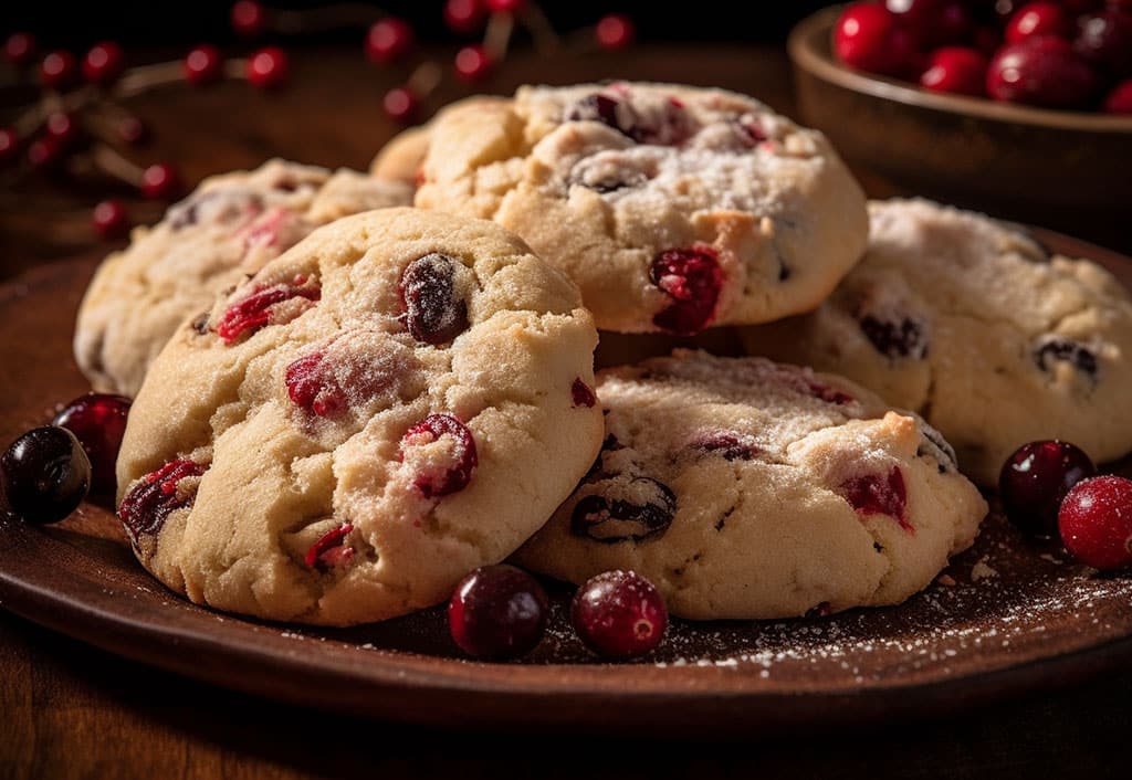 A festive spread of Christmas Holiday cookies, specifically Brandied Cranberry Drops