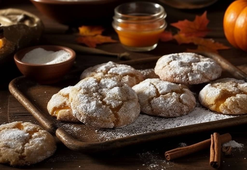 A festive spread of Pumpkin Pie Drops cookies, each meticulously crafted with a soft, pumpkin-infused center and a gentle dusting of cinnamon and sugar on top