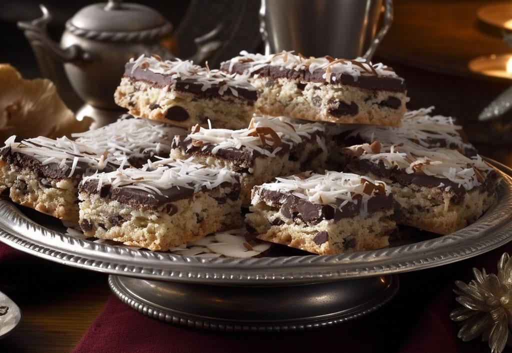 A festive tableau showcasing Chocolate Coconut Almond Bars: layering of textures - a luscious dark chocolate base, followed by a snowy white layer of shredded coconut, and crowned with a roasted almond