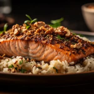 A gourmet dish of walnut-crusted ginger salmon sits atop a bed of fluffy herb rice pilaf