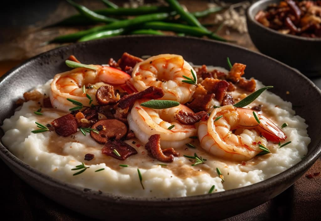 A gourmet spread featuring poached shrimp bathed in a creamy wild mushroom sauce sits next to a mound of goat cheese grits crowned with caramelized onions.