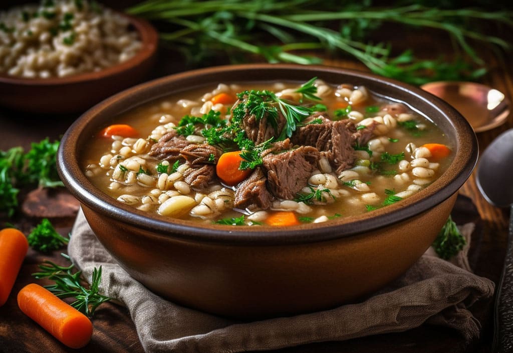 A hearty bowl of beef and barley stew sits invitingly on a rustic wooden table