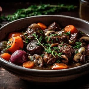 A luxurious bowl of Boeuf Bourguignon sits invitingly on a rustic wooden table