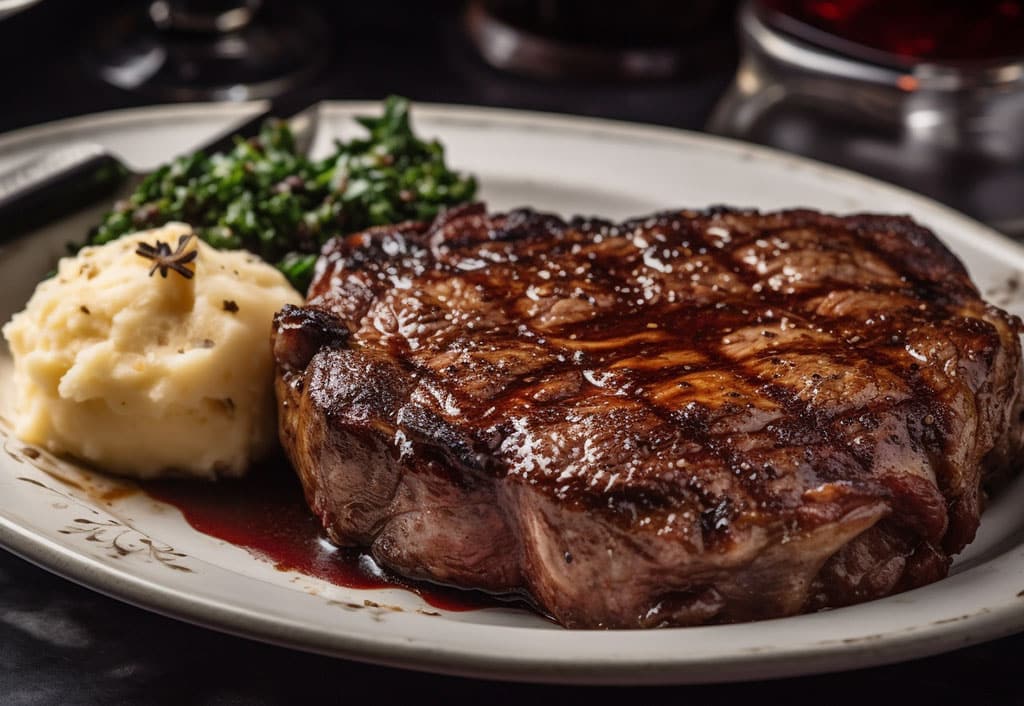 A mouthwatering pan-seared Rib Eye steak sits in the center of a high-end porcelain plate, perfectly cooked to medium-rare