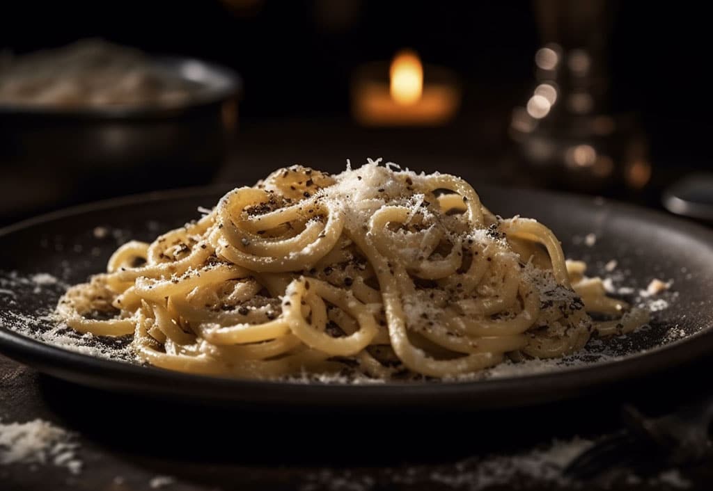 A mouthwatering plate of Bucatini Cacio e Pepe sits invitingly on a rustic wooden table