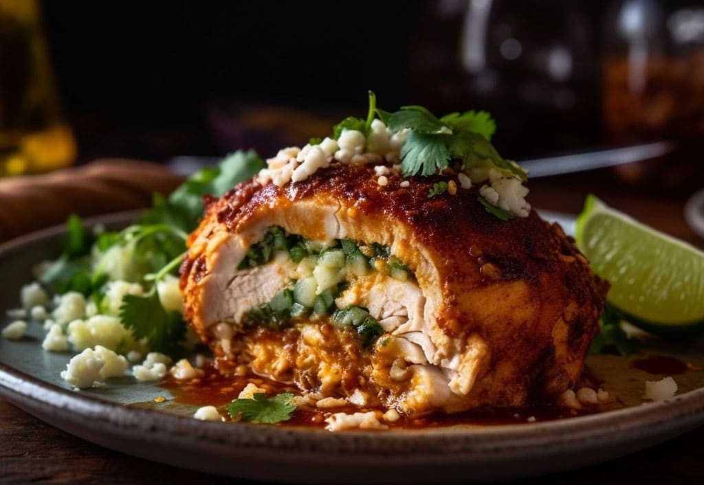 A plate of Chorizo & Cotija Cheese Stuffed Chicken is the epitome of culinary indulgence, set on a rustic wooden table
