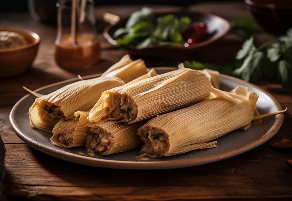 A plate of creamy tamales sits invitingly on a rustic wooden table, each one delicately wrapped in a corn husk