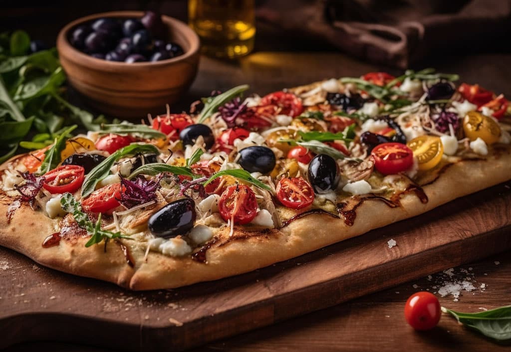 A rustic Tuscan flatbread pizza sits invitingly on a wooden cutting board