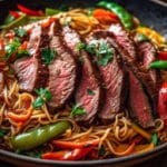 A sizzling plate of stir-fried noodles with flank steak and colorful vegetables