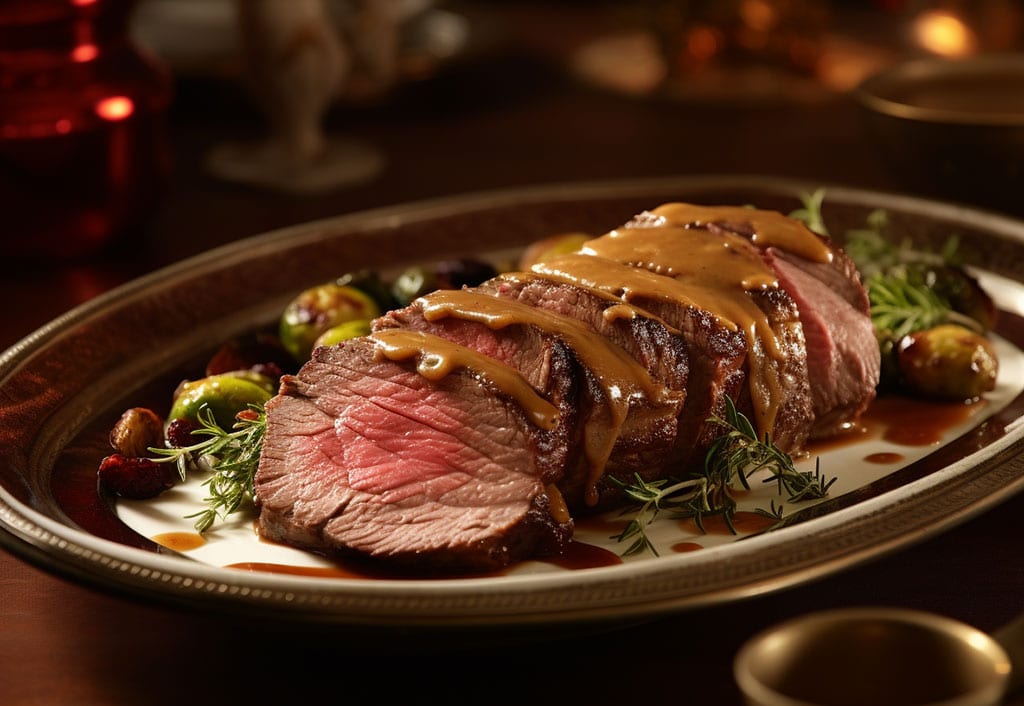 A succulent roast beef tenderloin sits in the center of an elegant ceramic serving platter