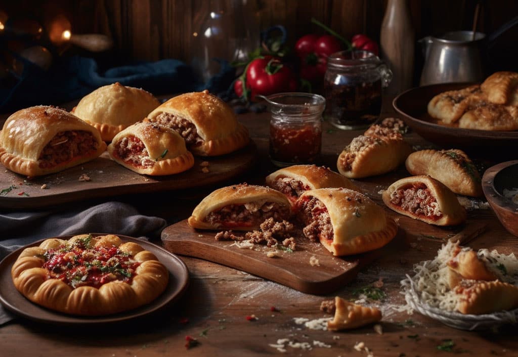 A tantalizing spread featuring two types of calzones and an array of mini pizzettes is arranged artfully on a rustic wooden table
