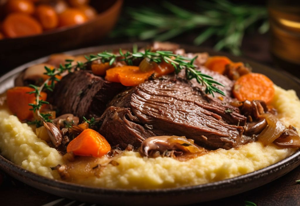An Italian pot roast, succulent and richly browned, rests invitingly on a bed of creamy, golden homemade polenta.