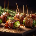 An array of bacon-wrapped Brussels sprouts glisten with a honey glaze, neatly arranged on a rustic wooden serving board