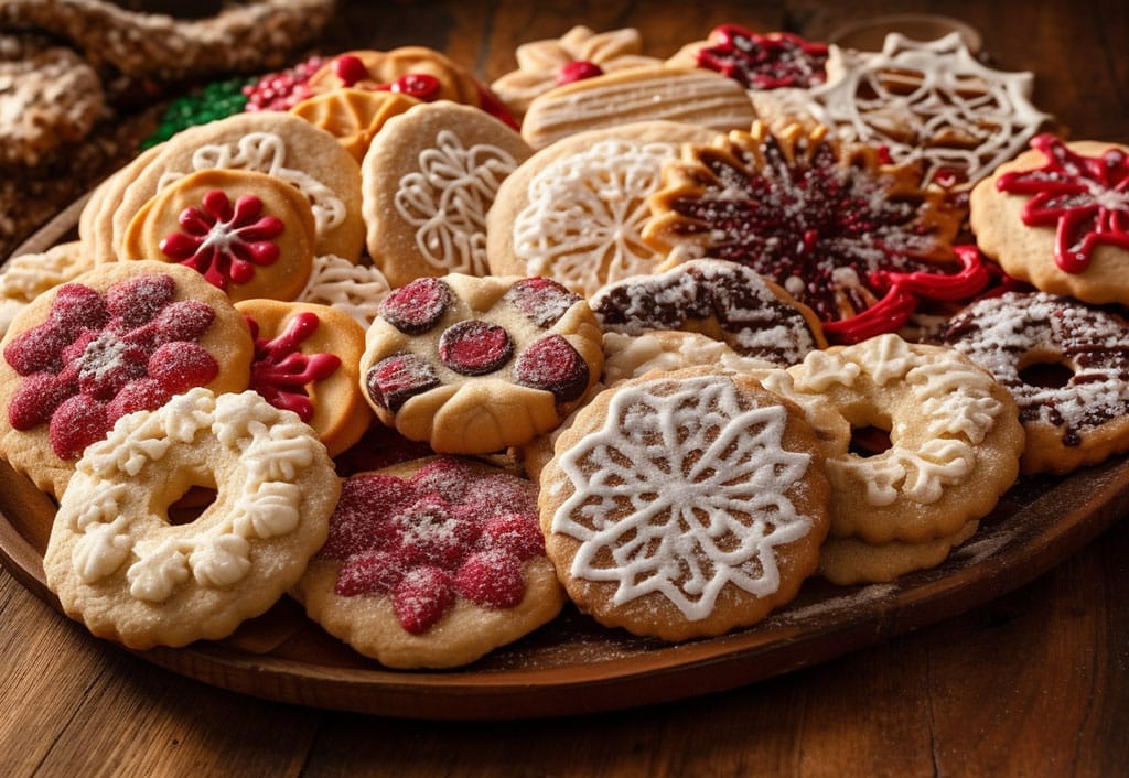 An array of specialty Christmas holiday cookies elegantly arranged on a rustic wooden platter