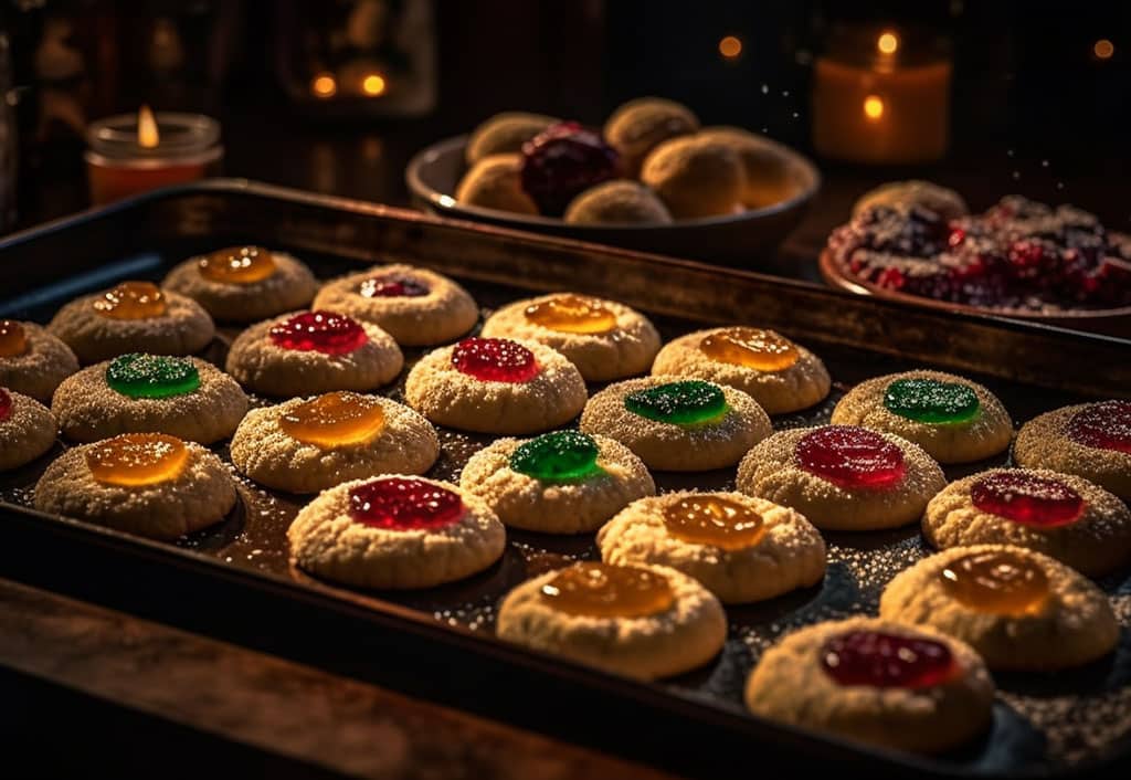 An array of specialty Christmas holiday cookies right out of the oven on a cookie sheet. Each thumbprint cookie is filled with strawberry jam sprinkled lightly sprinkles
