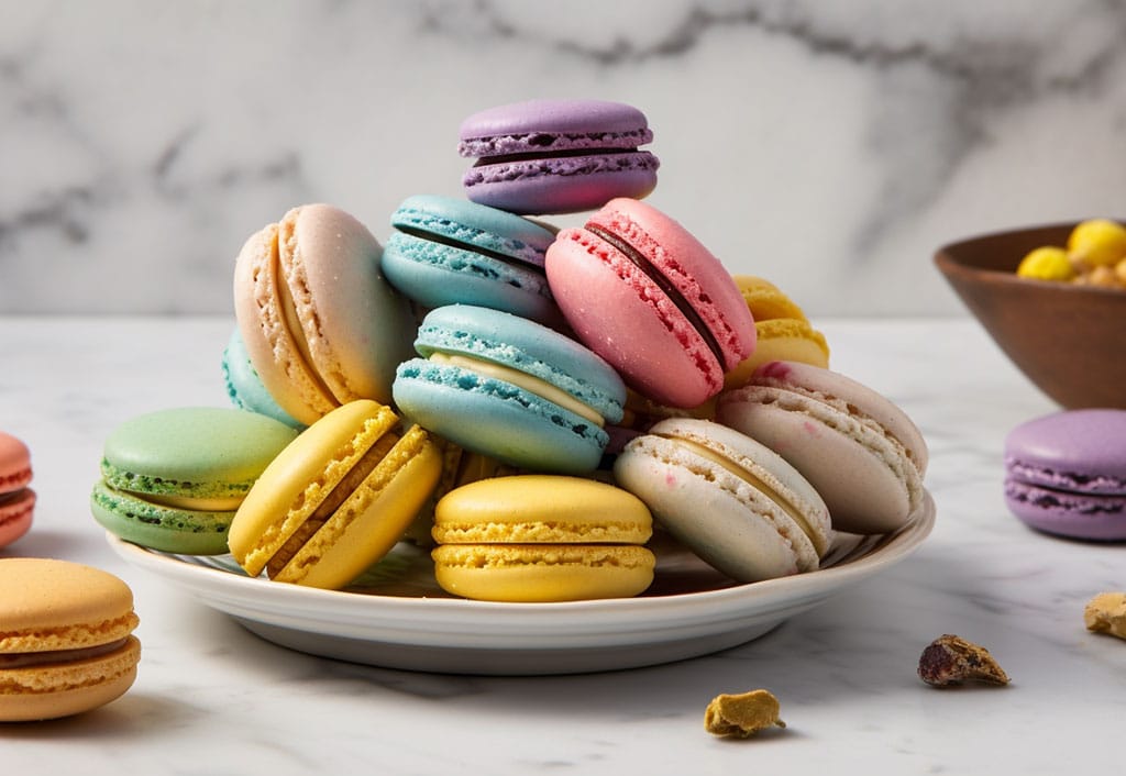 An exquisite arrangement of colorful macarons, perfectly rounded with delicate, crumbly edges and a smooth top