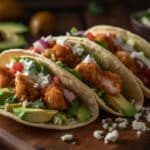Crispy chicken tacos sit invitingly on a rustic wooden board, each one perfectly assembled and overflowing with golden, breadcrumb-coated chicken strips